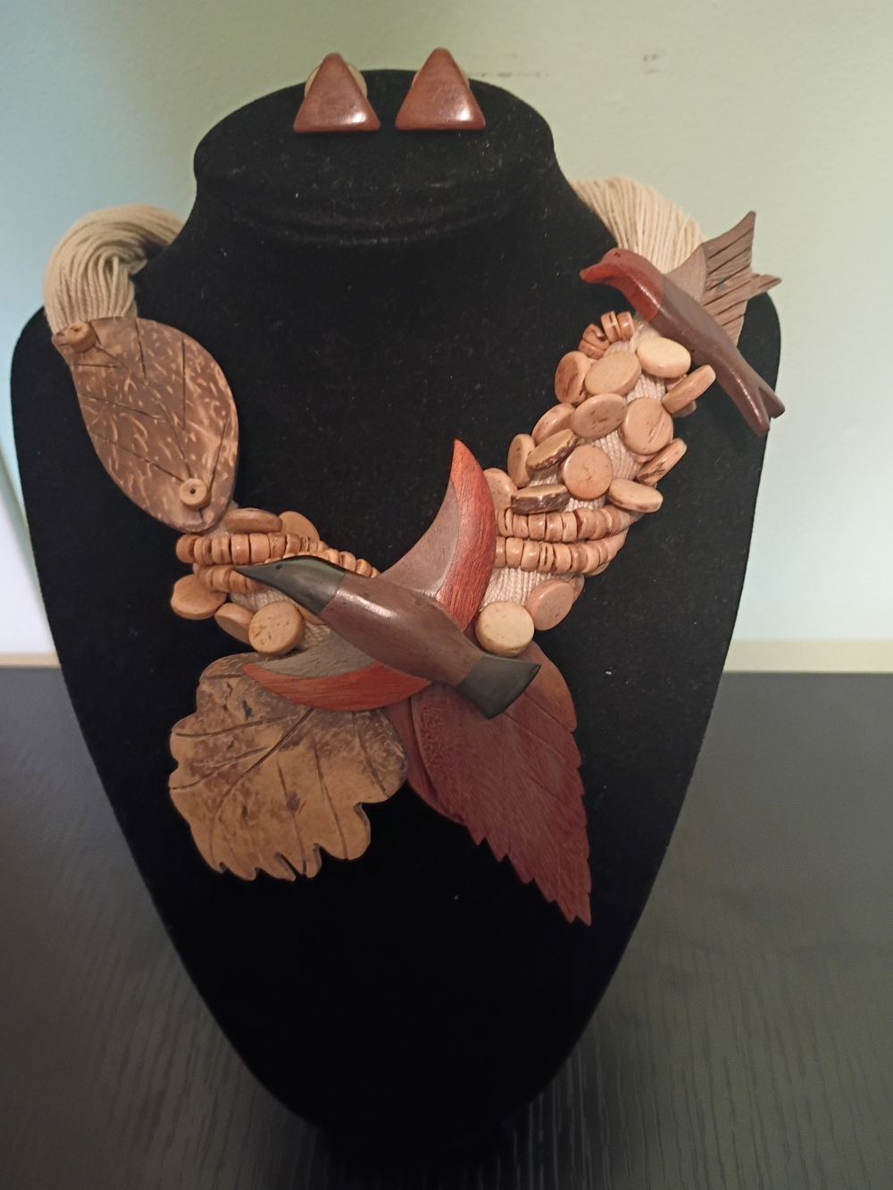 Handcrafted Brown Wooden Leaf & Bird Statement Necklace
